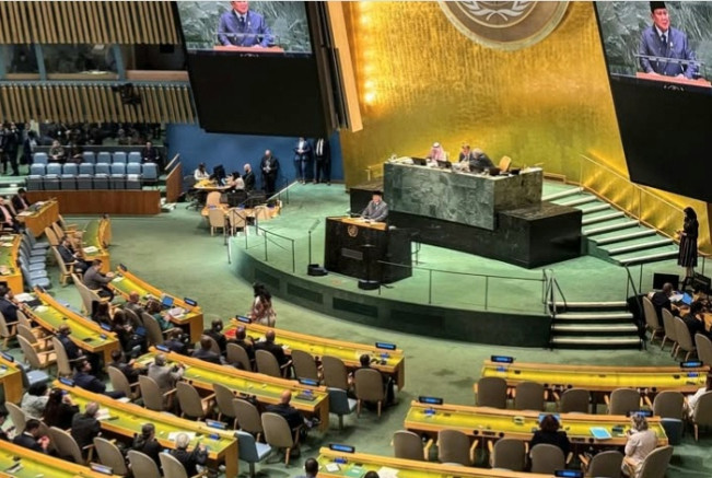 Prabowo dalam pidatonya di High-level International Conference on the Peaceful Settlement of the Question of Palestine and the Implementation of Two-State Solution di Markas Besar Perserikatan Bangsa-Bangsa (PBB), New York. [Instagram]